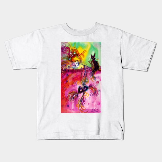 LADY WITH MASK AND BLACK CAT  Venetian Masquerade Night in Pink Kids T-Shirt by BulganLumini